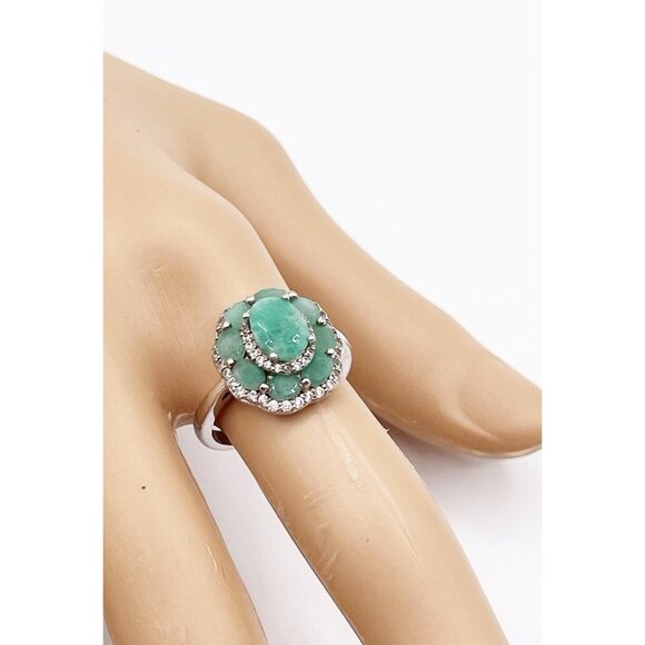 JTV 925 Sterling Silver Zambian Emerald & White Sapphire Halo Cluster Ring SZ 7